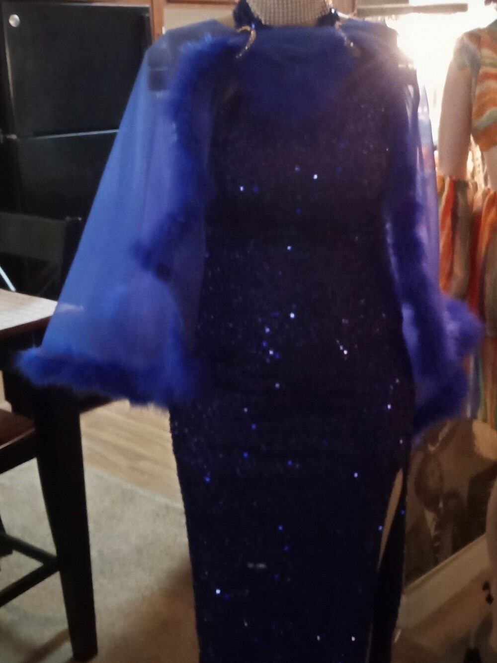 Royal Blue Sequin Evening Gown with Feather Trim Cape